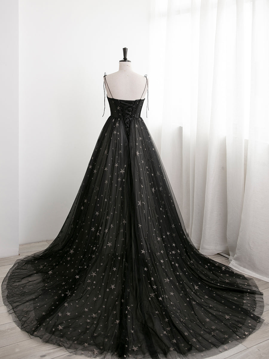 Black Sweetheart Tulle Straps Long Evening Dress, Black Formal Dress Party Dresses