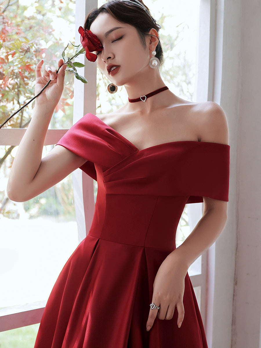 Red Satin Off Shoulder A-line Floor Length Prom Dress, Red Evening Dre Cutedressy Red Satin Off Shoulder A-line Floor Length Prom Dress, Red Evening Dre Cutedressy