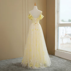 Beautiful Light Yellow Tulle Off Shoulder Evening Dress, Fashion Long Prom Dress