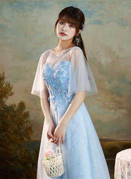 Light Blue Round Neckline Sweetheart Long Party Dress, A-line Blue Bridesmaid Dresses
