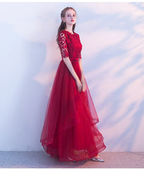 Wine Red Lace 1/2 Sleeves Tulle Long Party Dress, A-line Layers Tulle Prom Dress