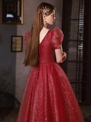 Wine Red Beaded Long Shiny Tulle Prom Dress, A-line Wine Red Evening Dress