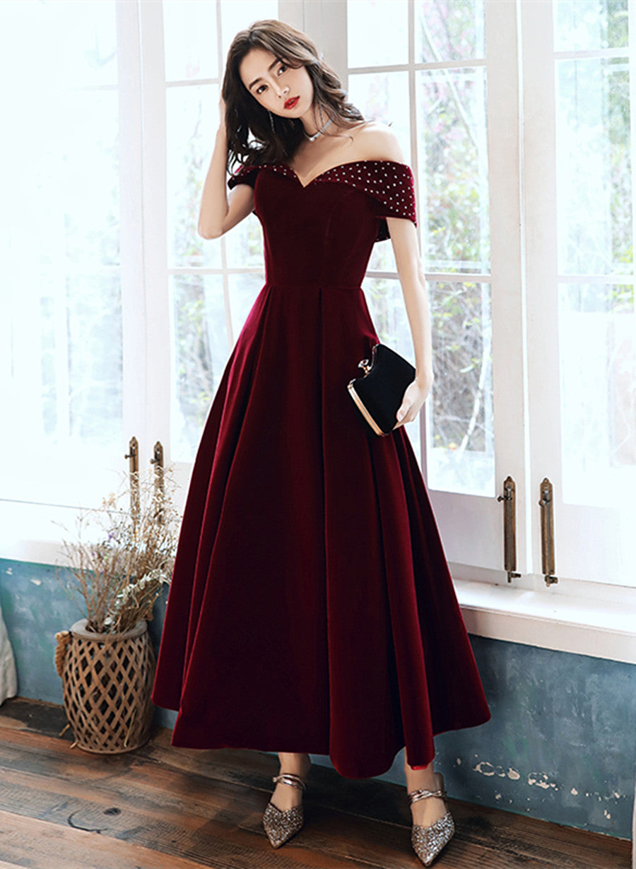 Burgundy Velvet Off Shoulder Long Wedding Party Dress, Burgundy Prom D Cutedressy Burgundy Velvet Off Shoulder Long Wedding Party Dress, Burgundy Prom D Cutedressy