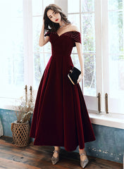 Burgundy Velvet Off Shoulder Long Wedding Party Dress, Burgundy Prom Dress