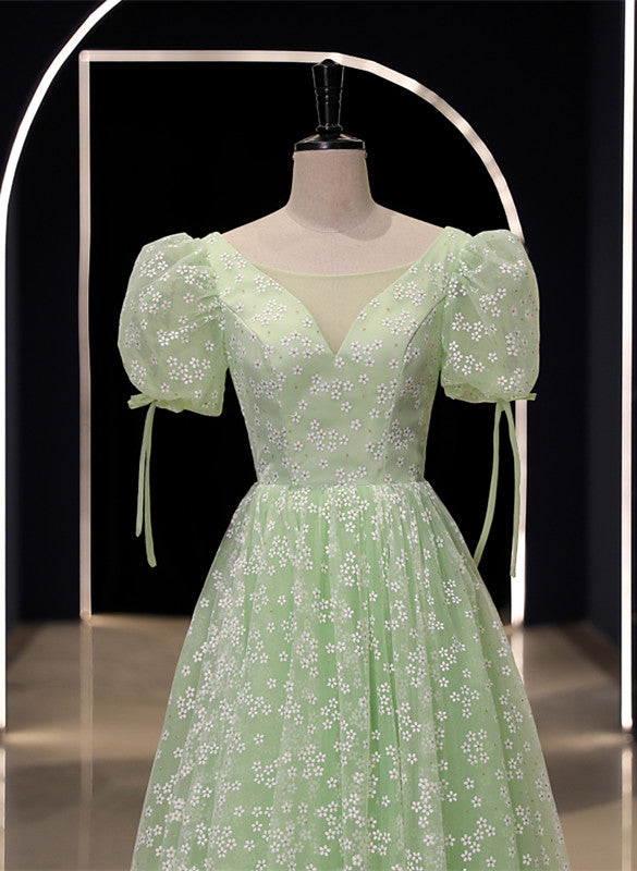 Light Green Floral V-neckline Short Sleeves Party Dress, A-line Green Formal Dress Light Green Floral V-neckline Short Sleeves Party Dress, A-line Green Formal Dress