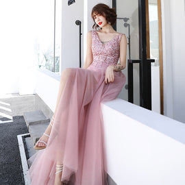 Pink Beaded V-neckline Tulle Long Party Dress, Pink Floor Length Prom Dress