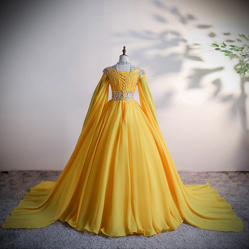 Yellow Chiffon Long Beaded Ball Gown Formal Dress, Yellow Formal Dress Cutedressy Yellow Chiffon Long Beaded Ball Gown Formal Dress, Yellow Formal Dress Cutedressy