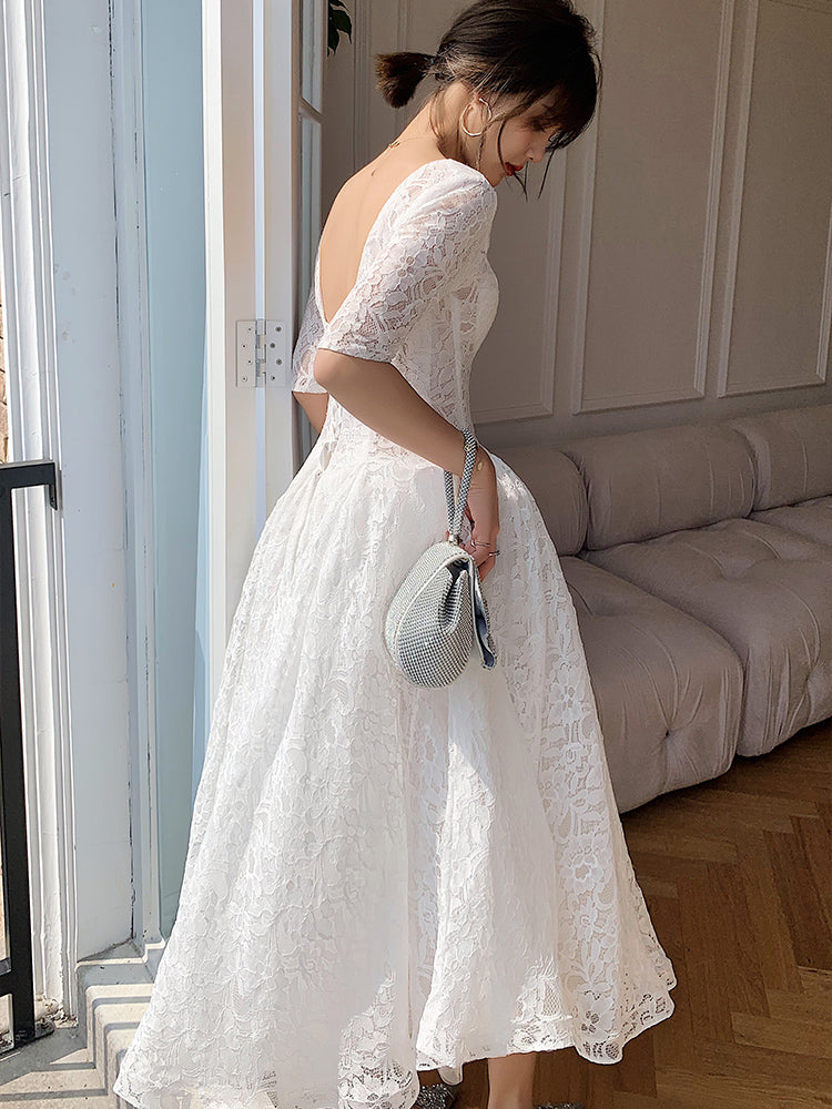 White Lace Short Sleeves Tea Length Wedding Party Dress, White Graduat Cutedressy White Lace Short Sleeves Tea Length Wedding Party Dress, White Graduat Cutedressy