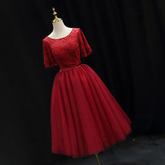 Red Lace Top Short Sleeves Tulle Tea Length Party Dress, Red Wedding Party Dress