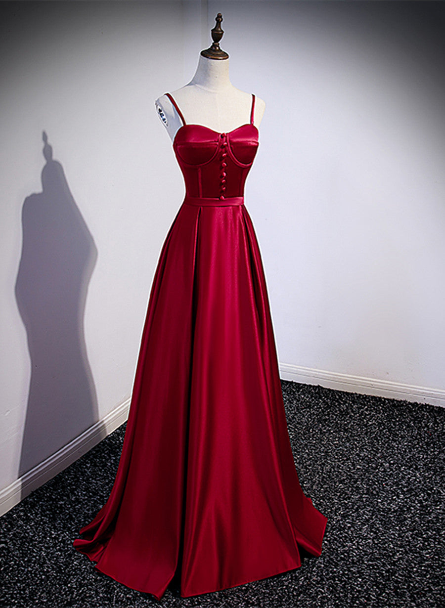 Wine Red Satin Sweetheart Simple Floor Length Prom Dress, Wine Red Evening Dress