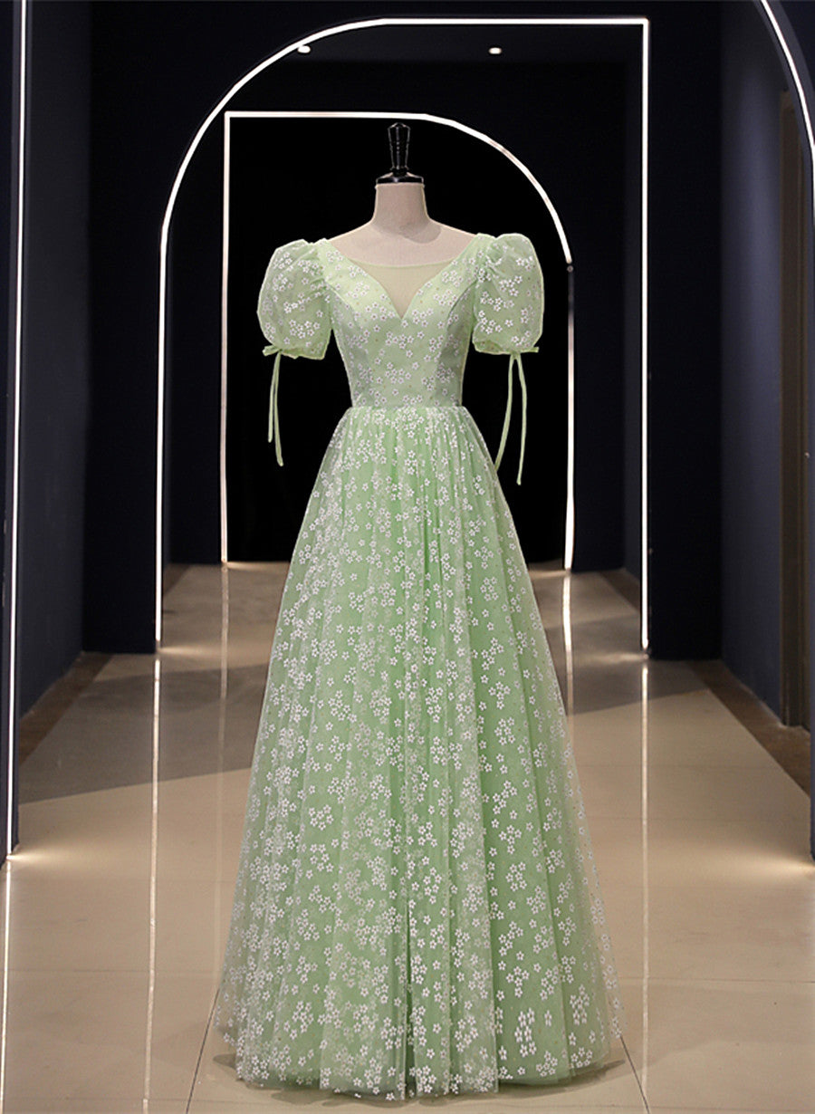 Light Green Floral V-neckline Short Sleeves Party Dress, A-line Green Formal Dress