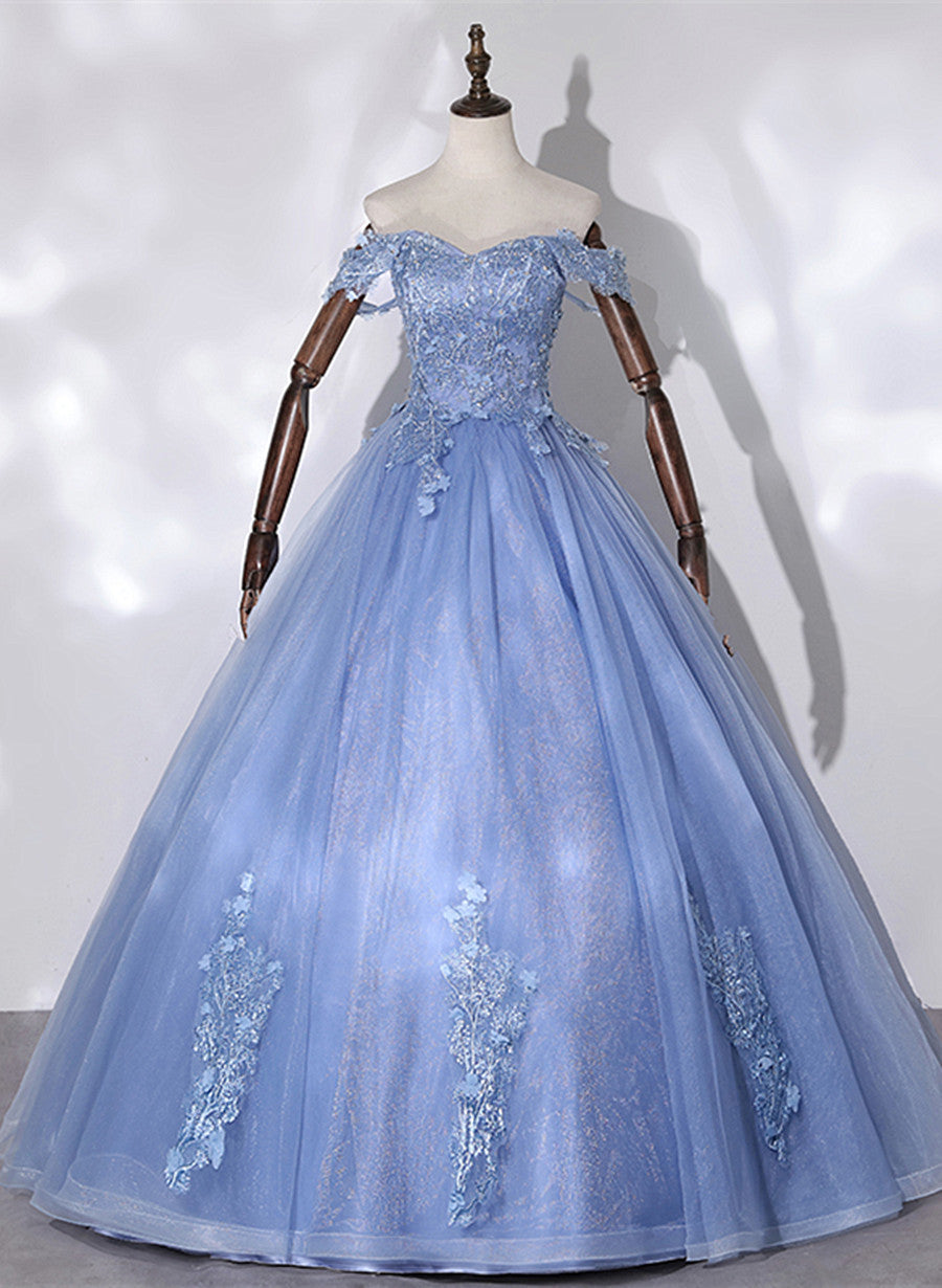 Blue Off Shoulder Tulle Party Dress with Lace, Long Formal Dress Sweet 16 Dress