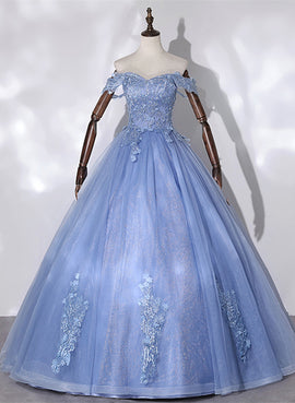 Blue Off Shoulder Tulle Party Dress with Lace, Long Formal Dress Sweet 16 Dress