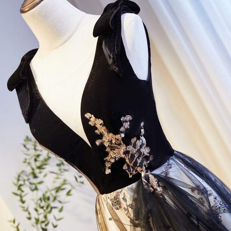 Black V-neckline Velvet and Tulle New Style Prom Dress, Black Party Dress Evening Dresss