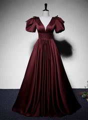 Maroon Satin Short Sleeves Low Back Long Prom Dress, Maroon Evening Dress