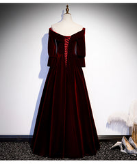 Chic Off Shoulder Long Sleeves Velvet Party Dress,  Wine Red Prom Dress Evening Dress