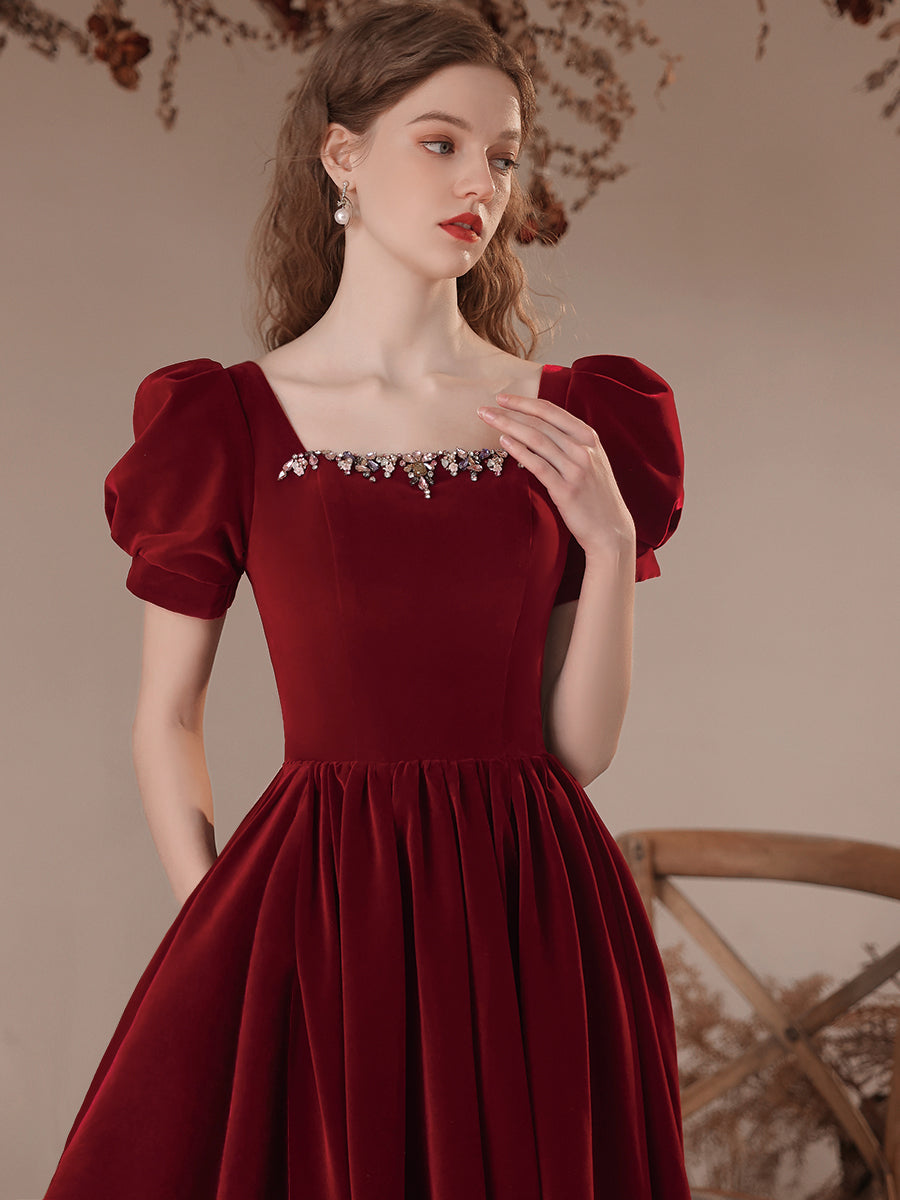 Wine Red Short Sleeves Velvet Long Party Dress, A-line Wine Red Formal Cutedressy Wine Red Short Sleeves Velvet Long Party Dress, A-line Wine Red Formal Cutedressy