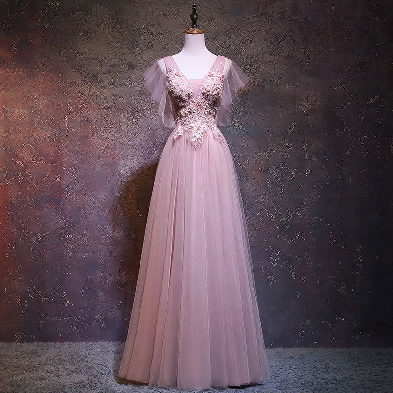 Pink Tulle V-neckline Long Prom Dress, New Pink Wedding Party Dress