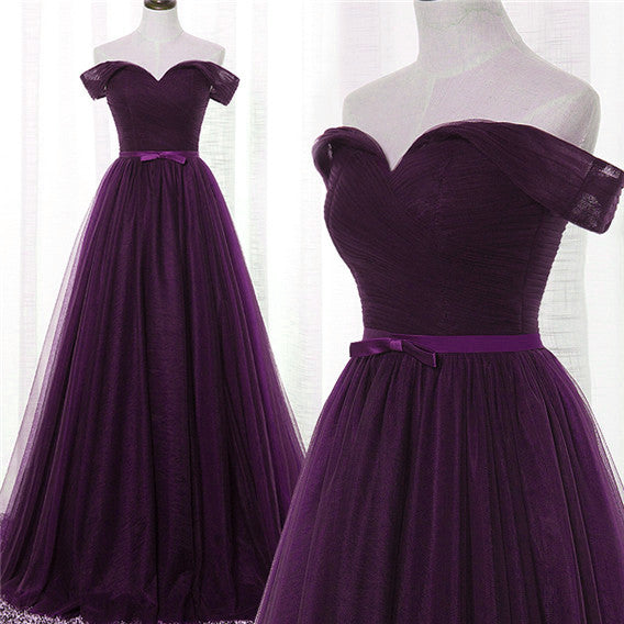Dark Purple Tulle Off Shoulder Lace-up Formal Gown, Long Senior Prom Dress