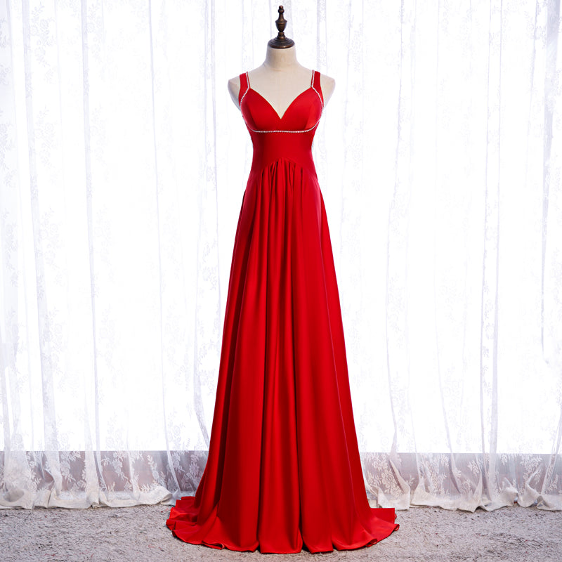 Chic Red Satin Beaded Floor Length Long Party Dress, Red Formal Dress 2021