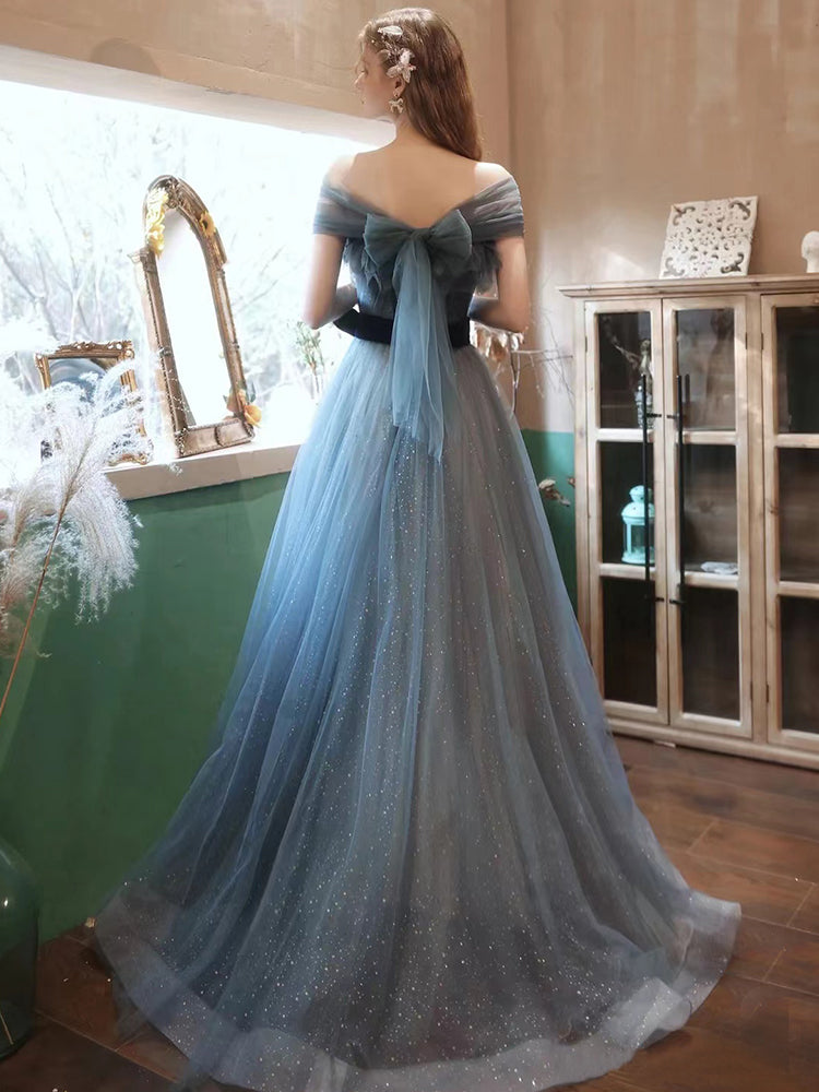 Pretty Blue Strapless Tulle Layered A Line Long Birthday Party Dress Evening Gown main image 0