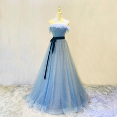Beautiful Blue Tulle Shiny Long Party Dress with Belt, A-line Blue Formal Dresses
