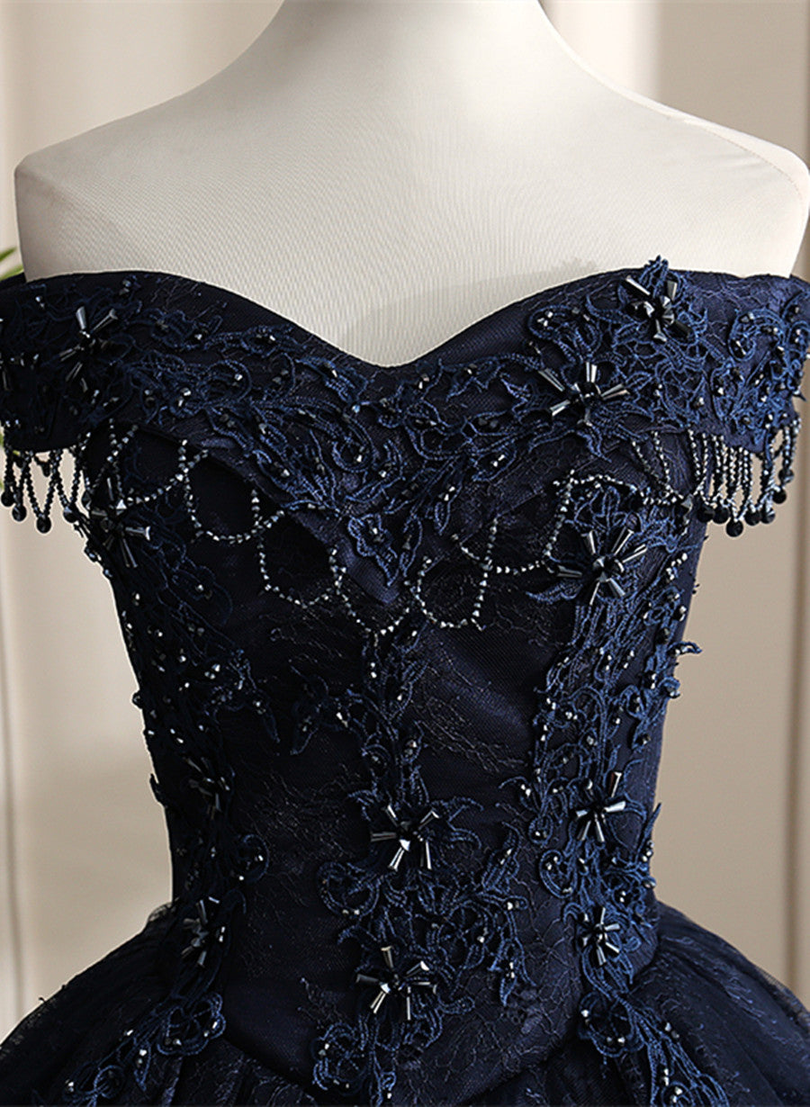 Navy Blue Sweetheart with Lace Applique Sweet 16 Dress, Blue Long Formal Dress