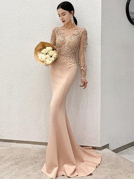 Beautiful Mermaid Champagne Long Sleeves Party Dress, Lace Applique Prom Dress