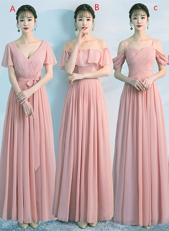 pink chiffon long bridesmaid dress
