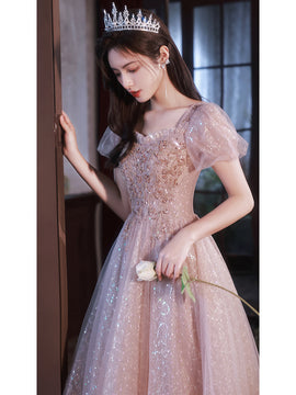 Shiny Tulle Pink Short Sleeves Sweetheart Prom Dress, A-line Pink Tulle Evening Dress