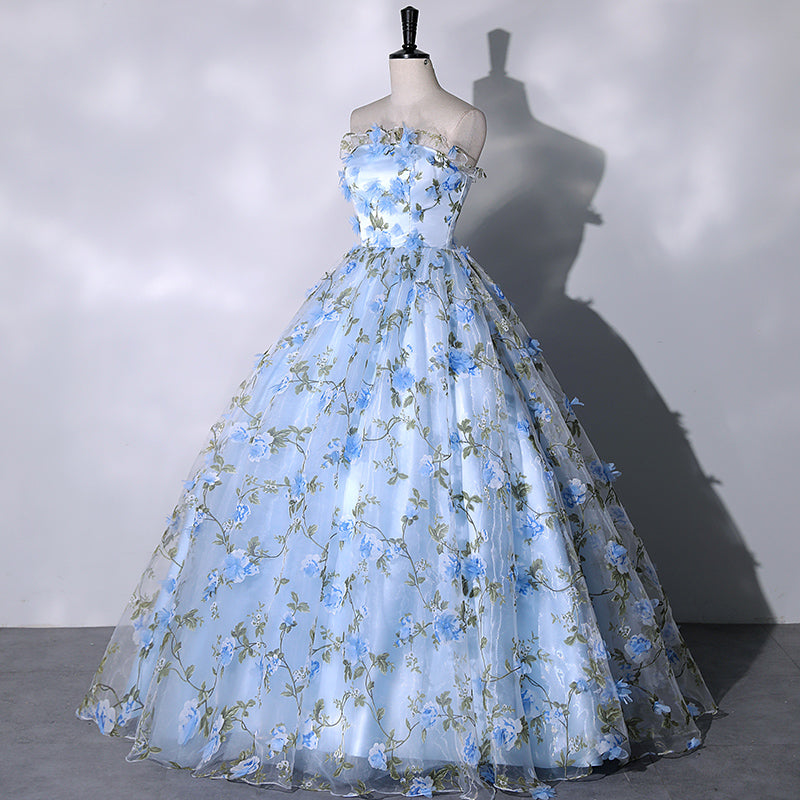 Blue Flowers Sweetheart Ball Gown Formal Dress, Blue Long Sweet 16 Dre Cutedressy Blue Flowers Sweetheart Ball Gown Formal Dress, Blue Long Sweet 16 Dre Cutedressy