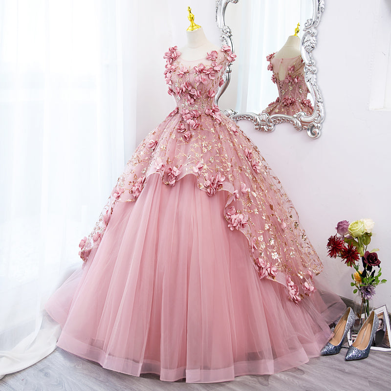Mint Blue Long Sleeves with Gold Lace Long Party Dress, Tulle Round Neckline Sweet 16 Dress