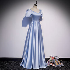 Blue Satin Beaded A-line Long Party Dress, Blue Prom Party Dresses Formal Dress