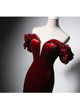 Wine Red Velvet Off Shoulder Mermaid Long Prom Dress, Long Lace-up Evening Dress
