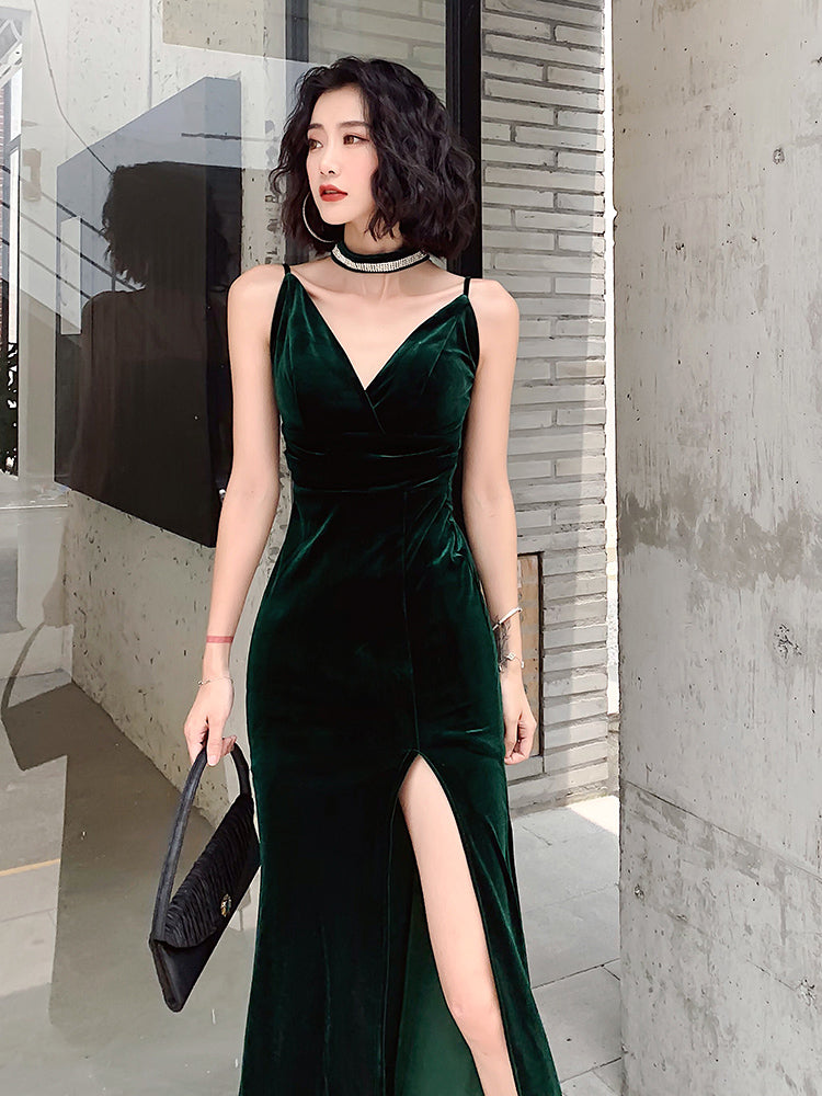 Dark Green Velvet Long Straps Floor Length Party Dress, Green Prom Dress Formal Dress