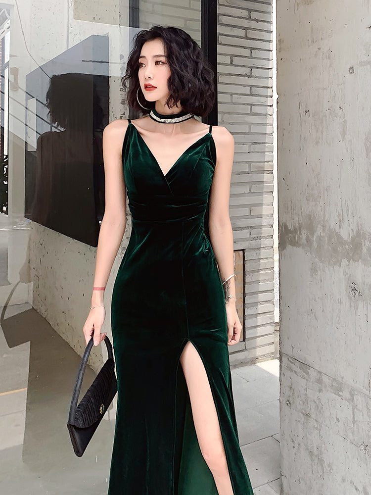 Dark Green Velvet Long Straps Floor Length Party Dress, Green Prom Dre