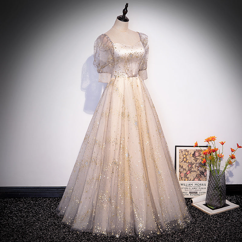 Light Champagne Short Sleeves Tulle Long Formal Dress, A-line Floor Le – Cutedressy