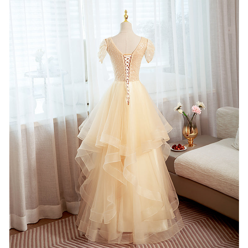 Champagne Tulle Short Sleeves with Beaded Long Party Dress, Champagne Cutedressy Champagne Tulle Short Sleeves with Beaded Long Party Dress, Champagne Cutedressy