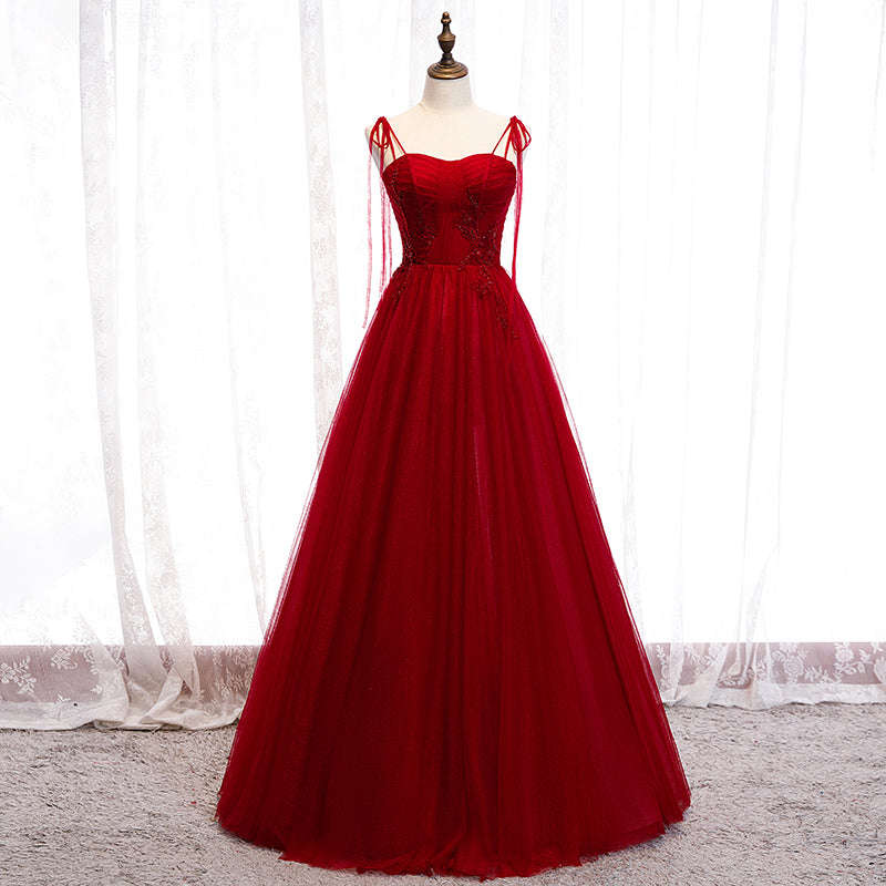 Sexy V-Neckline Wine Red Tulle Floor Length Party Dress, Red Formal Gown  gh404 main image 1
