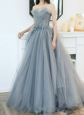 Charming Grey Tulle Long Sweet 16 Gown with Flowers, Grey Formal Dress Party Dress