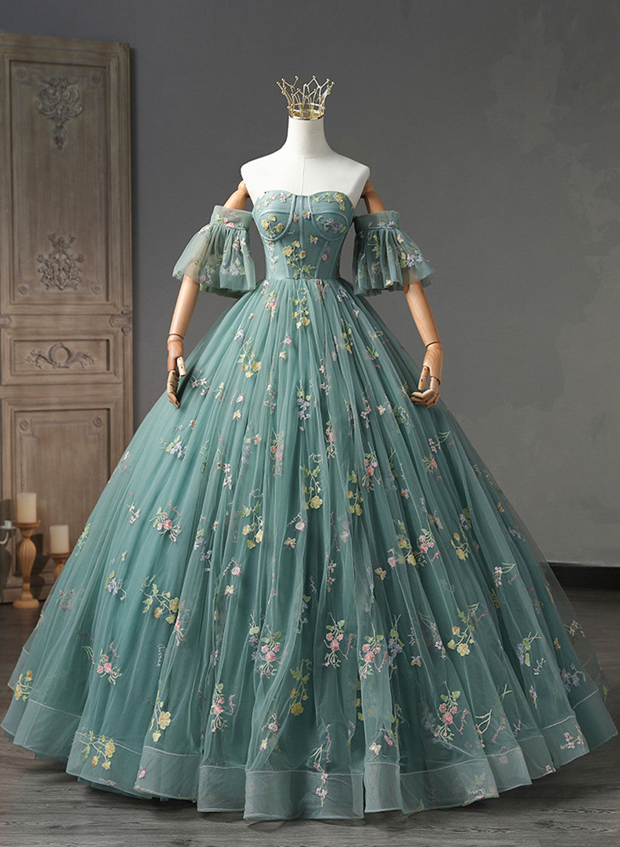 Green Floral Tulle Off Shoulder Party Dress, Elegant Long Sweet 16 Dress
