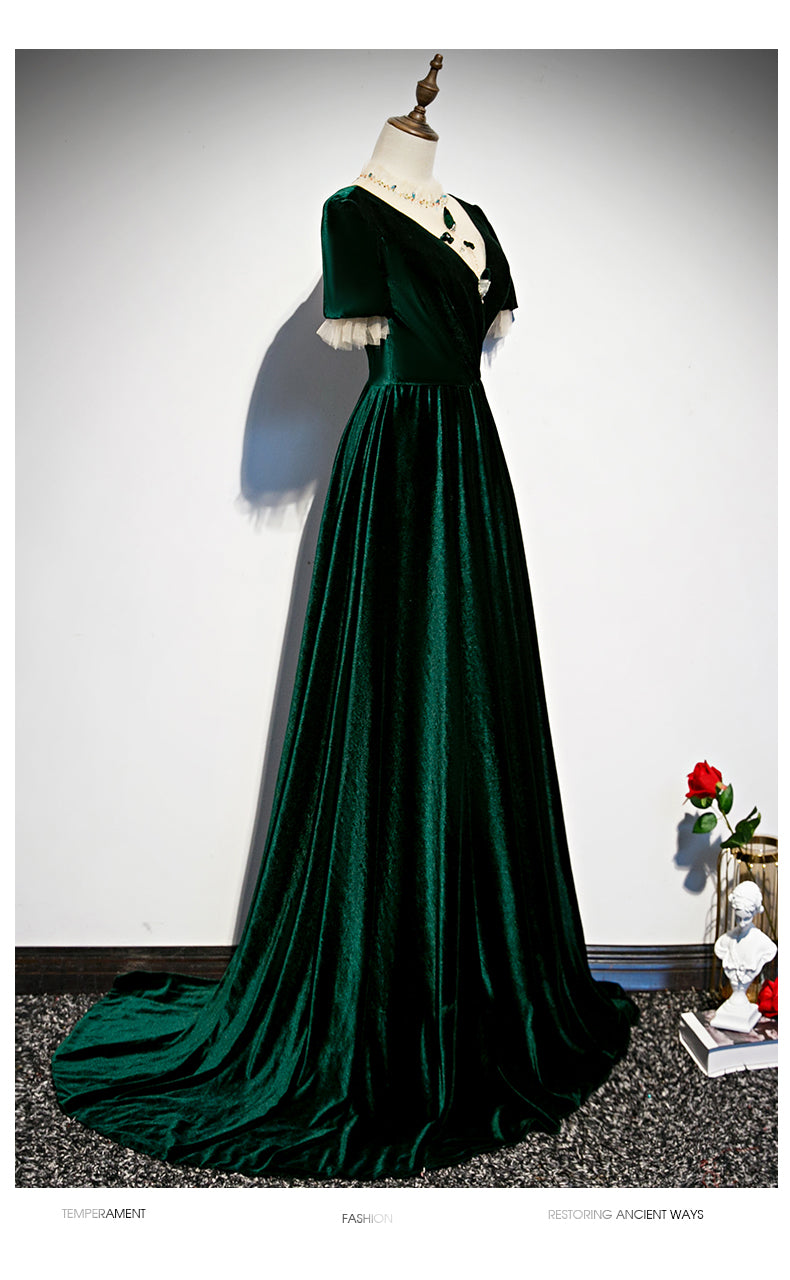 Dark Green Velvet Short Sleeves A-line Bridesmaid Dress, Long Prom Dre Cutedressy Dark Green Velvet Short Sleeves A-line Bridesmaid Dress, Long Prom Dre Cutedressy