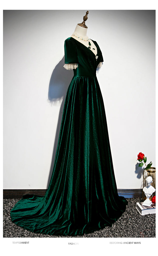 Dark Green Velvet Short Sleeves A-line Bridesmaid Dress, Long Prom Dre ...