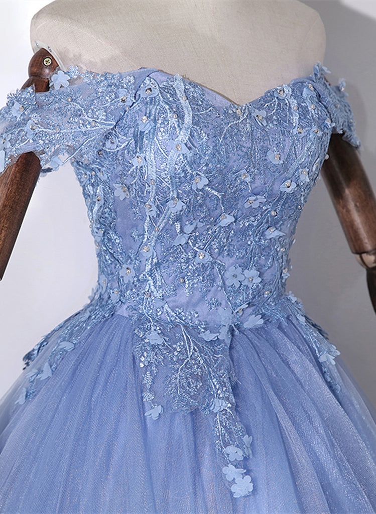Blue Off Shoulder Tulle Party Dress with Lace, Long Formal Dress Sweet ...