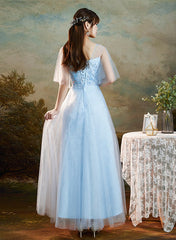 Light Blue Round Neckline Sweetheart Long Party Dress, A-line Blue Bridesmaid Dresses