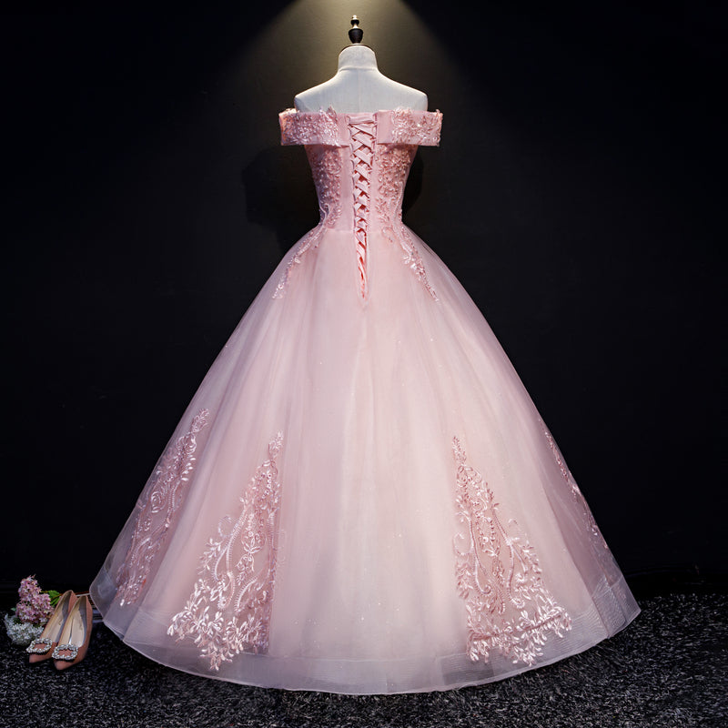 Pink Ball Gown Long Tulle Party Dress, Off Shoulder Prom Dress 