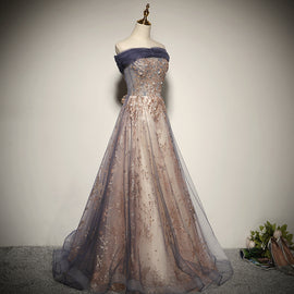 Charming Tulle Off Shoulder with Lace Applique Long Party Dress, New Prom Dress
