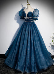 Shiny Tulle Blue Short Sleeves Long Formal Dress, Blue Evening Prom Dress