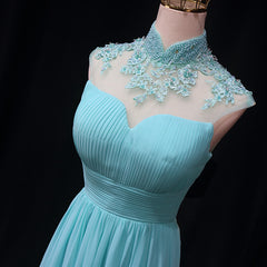 Blue Chiffon Lace and Beaded Cap Sleeves Prom Party Dress, A-line Chiffon Formal Dress