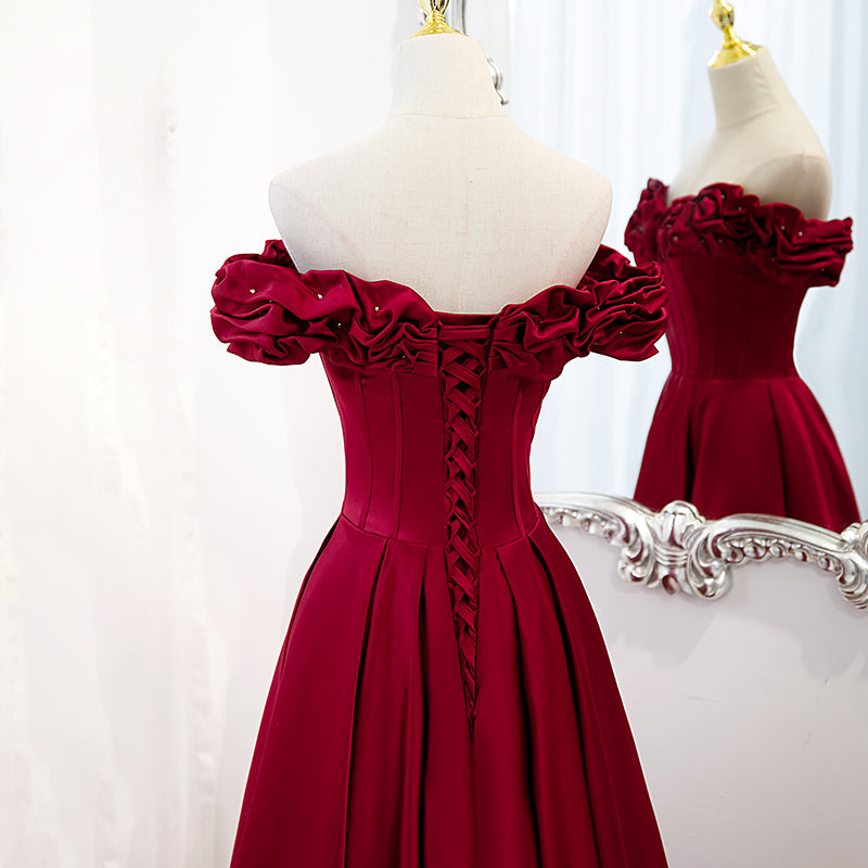 Wine Red Satin Long Prom Dress, A-line Off Shoulder Formal Dress